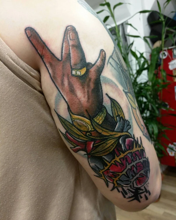 Neo Traditional Hand, Crown tattoo on Outer arm