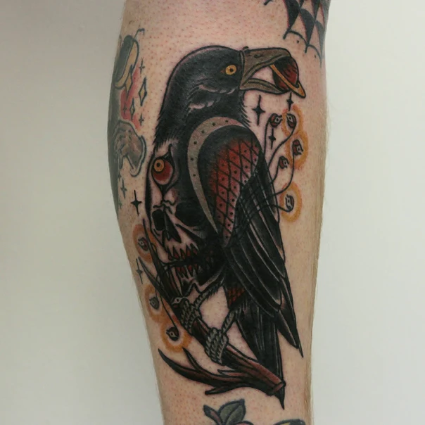 Neo Traditional Raven, Skull tattoo on Calf