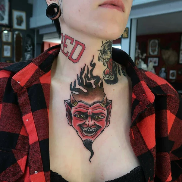 Traditional Devil, Flames tattoo on Chest