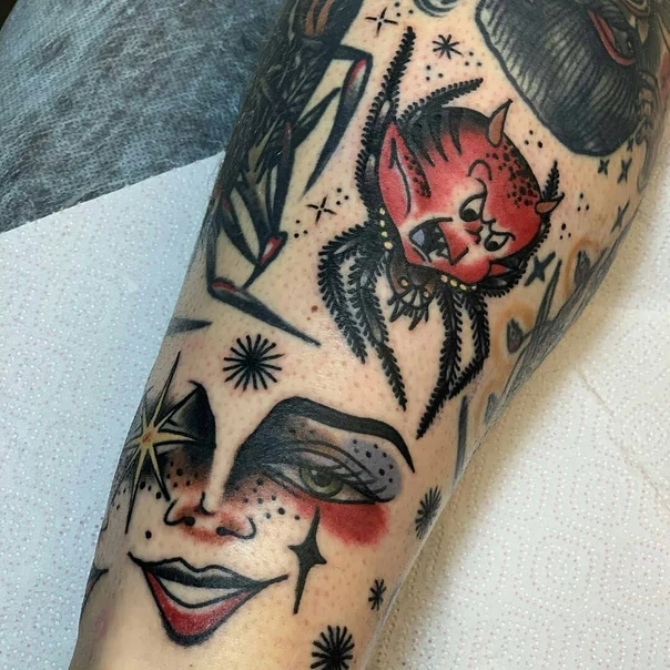 Old School Spider, Face tattoo on Forearm