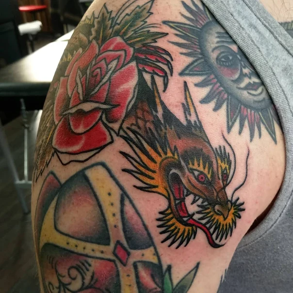 Traditional Dragon, Rose tattoo on Shoulder
