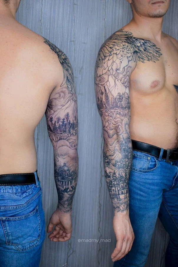 Скетч / Набросочная Landscape, Architecture tattoo на Полный рукав