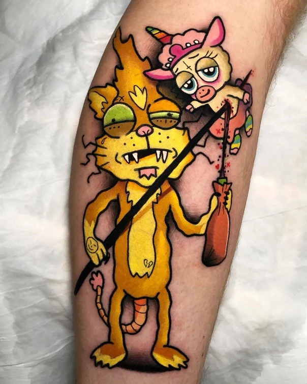 Cartoon Cat, Unicorn tattoo on Calf