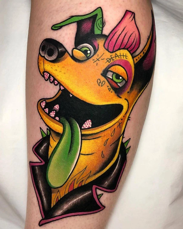 New School Dog, Punk tattoo on Calf