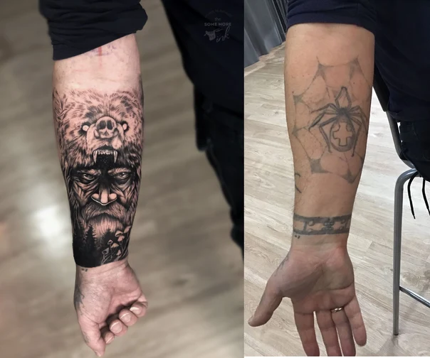 Чёрно-серая Bear, Face tattoo на Предплечье
