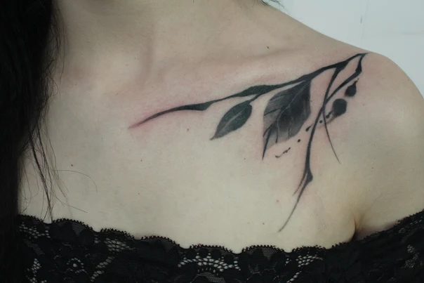 Sketch Leaves, Branch tattoo on Collarbone