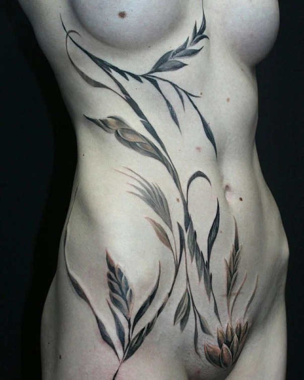 Ботаническая Leaves, Flower tattoo на Живот
