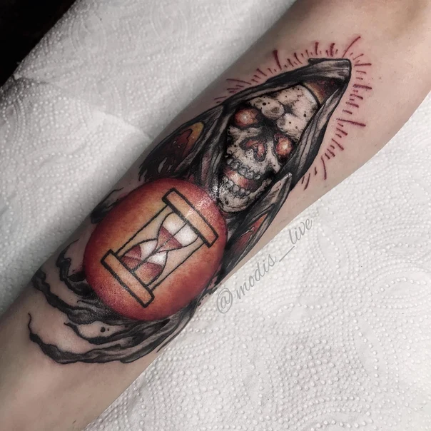 Illustrative Skull, Hourglass tattoo on Forearm