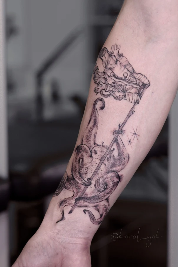 Скетч / Набросочная Octopus, Astronaut tattoo на Предплечье
