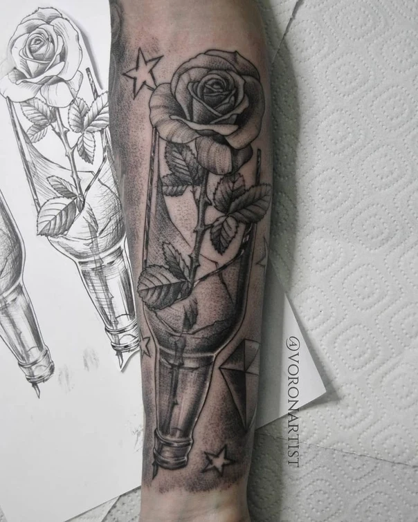 Black & Grey Rose, Bottle tattoo on Forearm