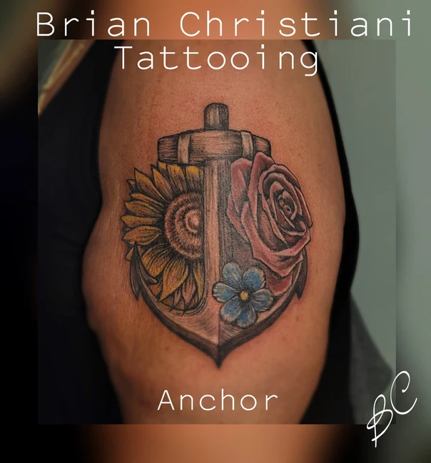 Neo Traditional Anchor, Sunflower tattoo on Bicep