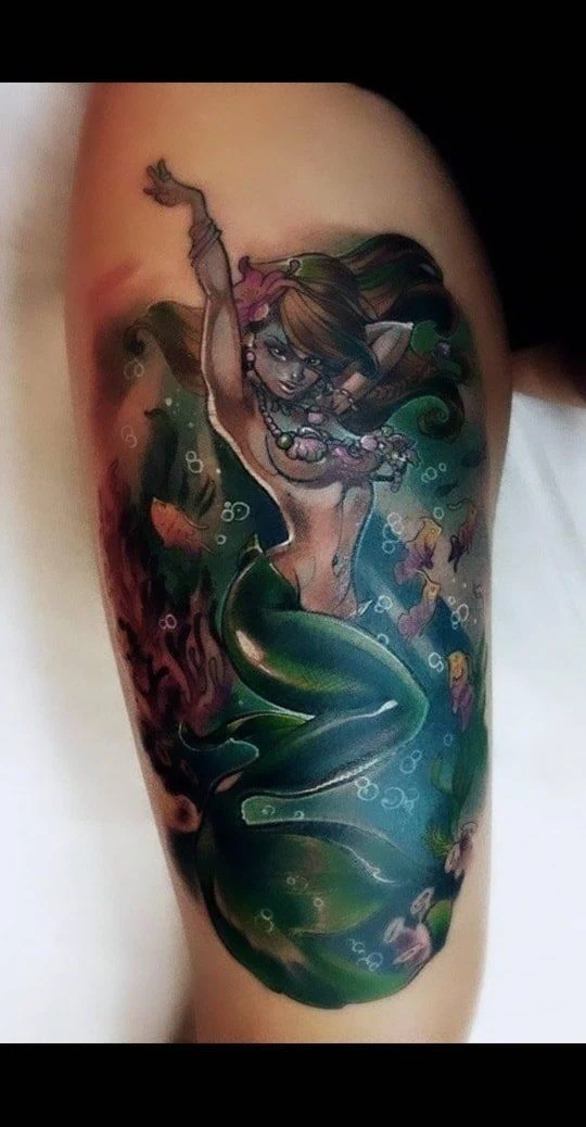 Realism Mermaid, Underwater tattoo on Thigh