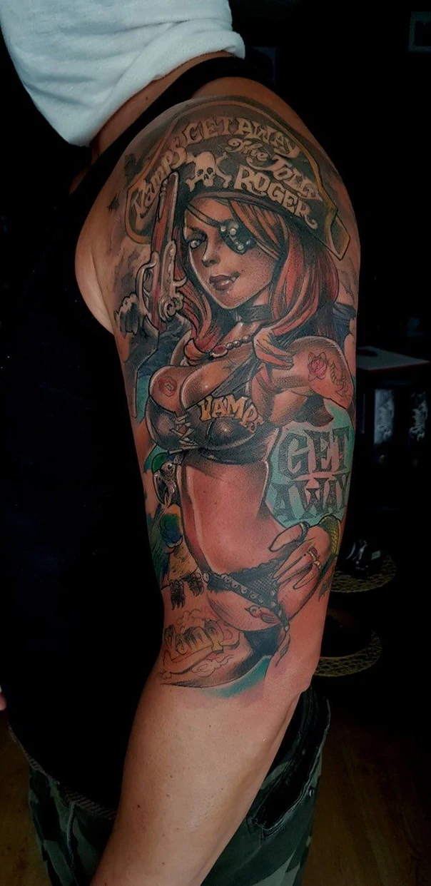 New School Pin-up, Pirate tattoo on Full Sleeve