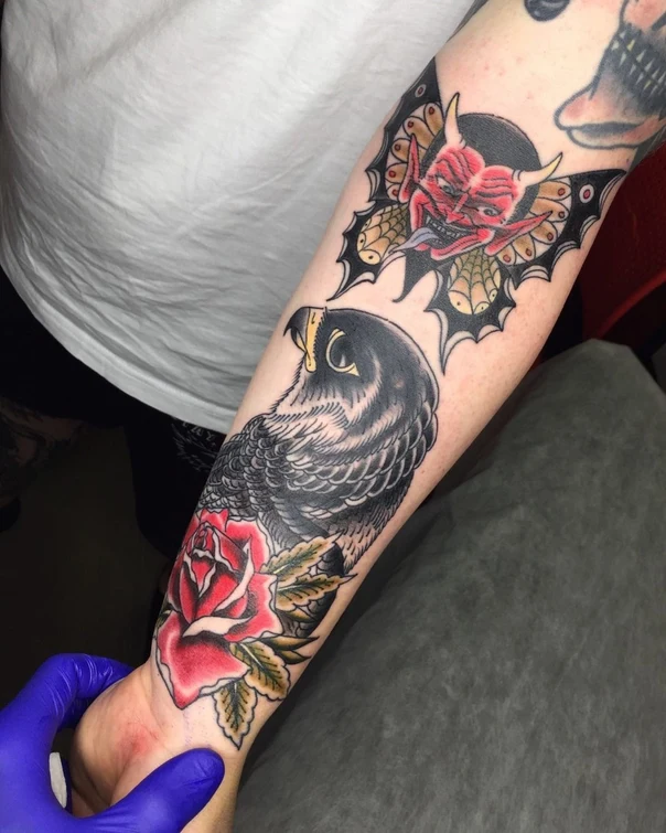 Traditional Bird, Rose tattoo on Forearm