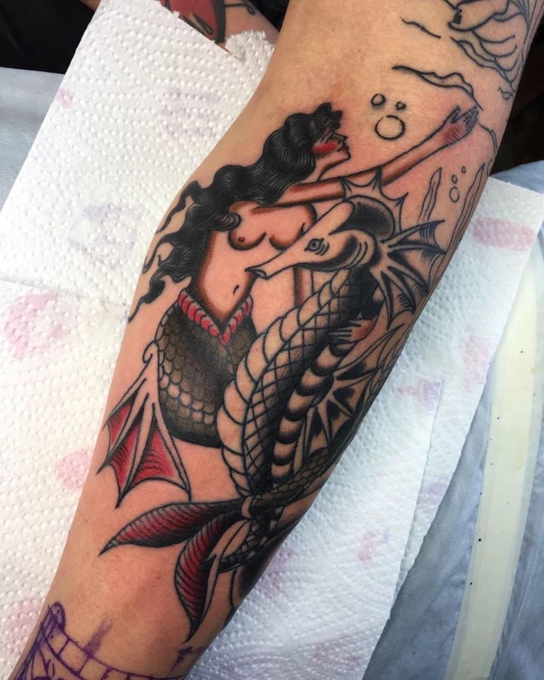 Traditional Mermaid, Seahorse tattoo on Forearm