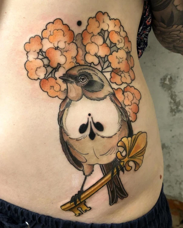 Neo Traditional Bird, Key tattoo on Side
