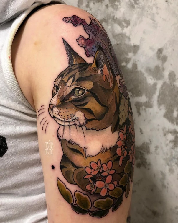 Illustrative Cat, Flowers tattoo on Upper Arm