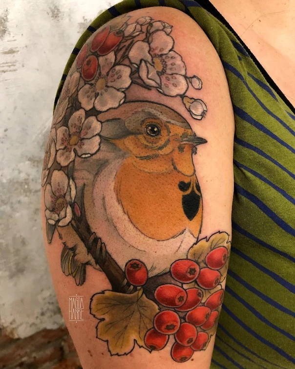 Illustrative Bird, Flowers tattoo on Shoulder