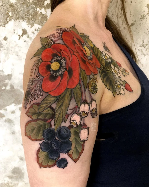 Botanic Flowers, Berries tattoo on Shoulder