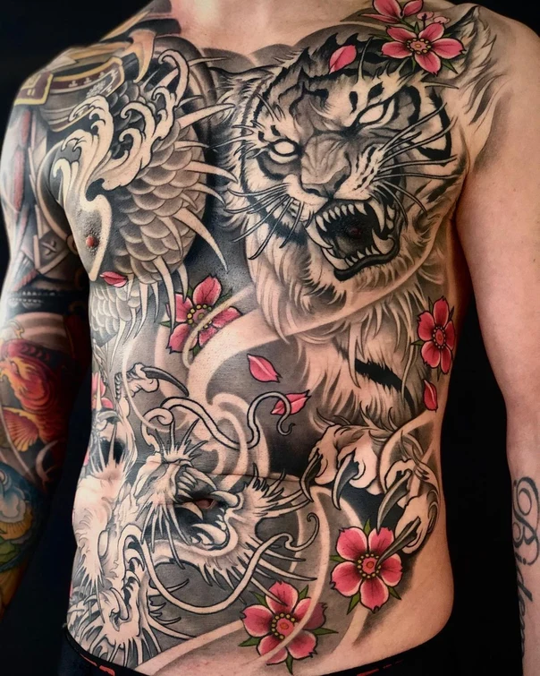 Japanese Tiger, Dragon tattoo on Chest