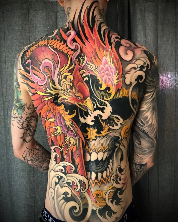 Japanese Phoenix, Skull tattoo on Full Back