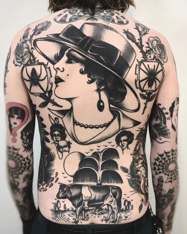 Blackwork Portrait, Spider tattoo on Full Back