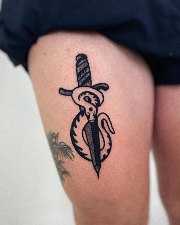 Traditional Snake, Dagger tattoo on Thigh