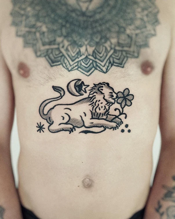 Linework Lion, Moon tattoo on Sternum