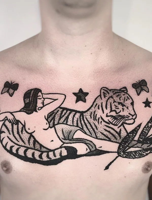 male black and grey blackwork 纹身 在 chest #42991 | 纹身师 Charley Gerardin