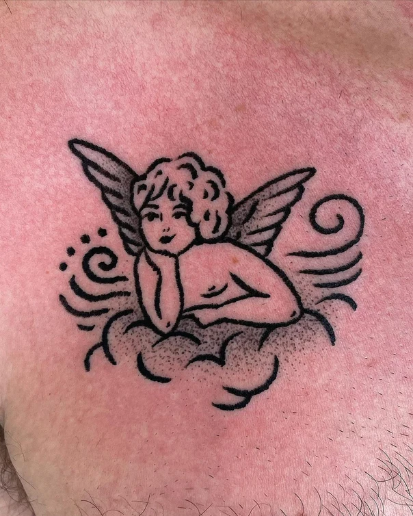 Blackwork Angel, Cloud tattoo on Chest