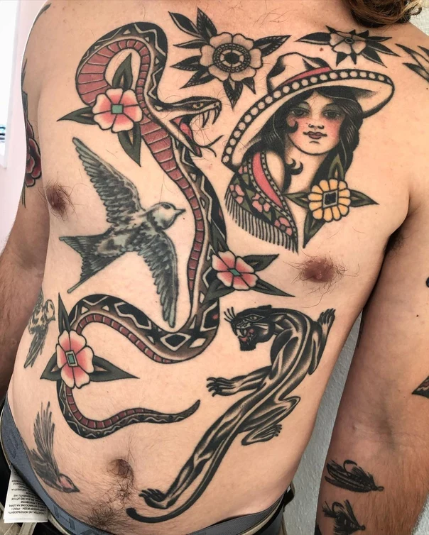 Old School Snake, Bird tattoo on Chest