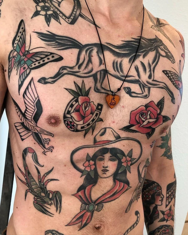 Traditional Horse, Rose tattoo on Chest