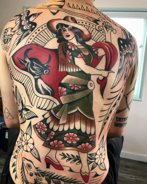 Traditional Woman, Bull tattoo on Full Back
