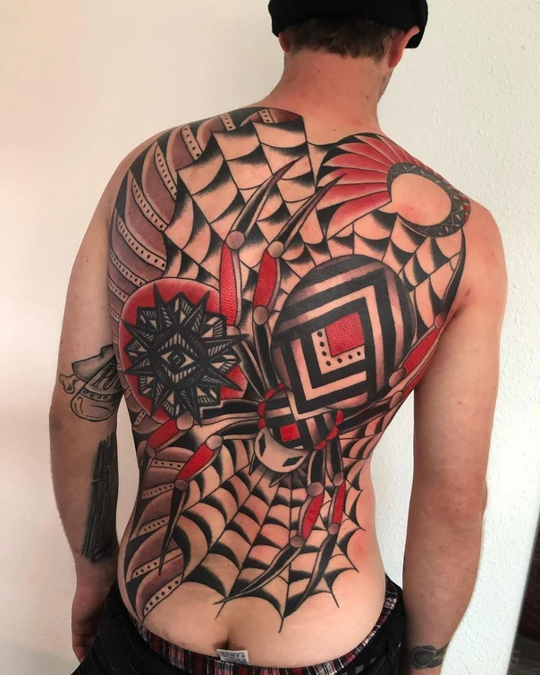 Neo Traditional Spider, Web tattoo on Full Back
