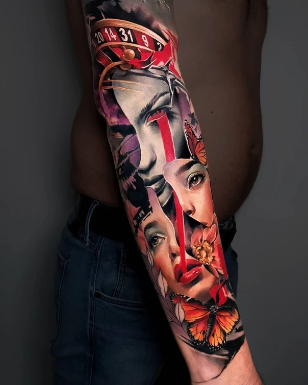 Realism Face, Butterfly tattoo on Full Sleeve