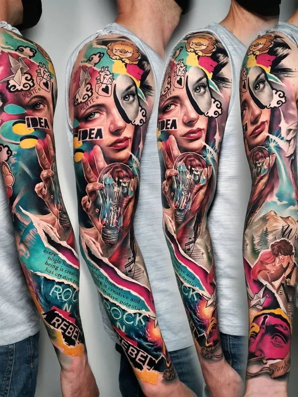 male color collage Tatuaggio su full sleeve #43019 | Tatuatore Carolina Caos Avalle
