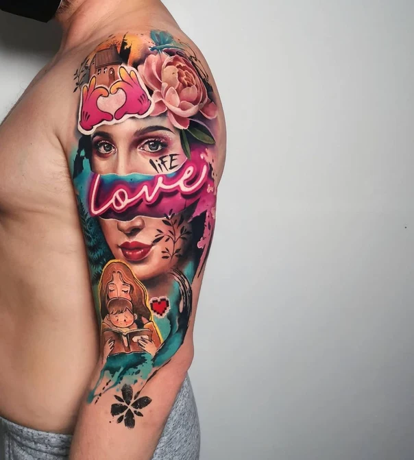 Illustrative Portrait, Floral tattoo on Full Sleeve