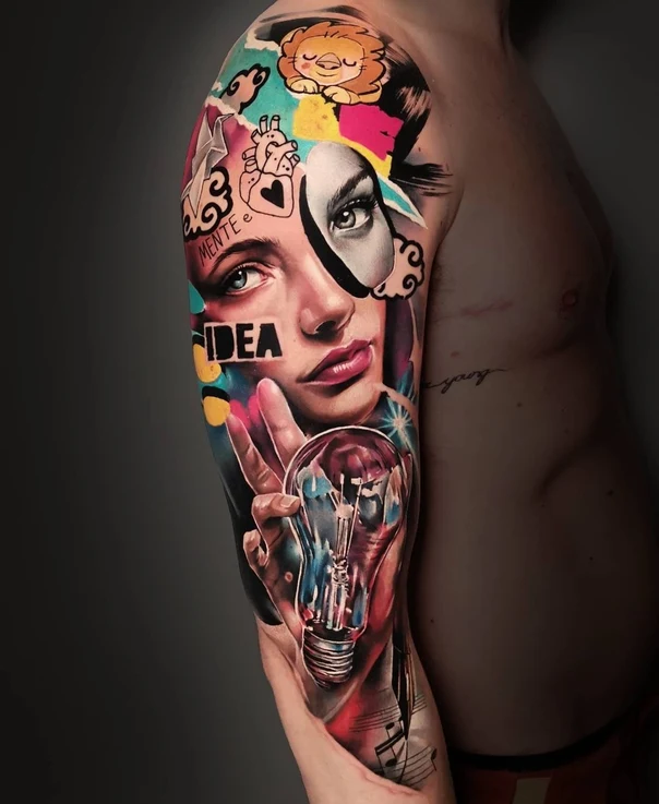 Realism Portrait, Lightbulb tattoo on Full Sleeve