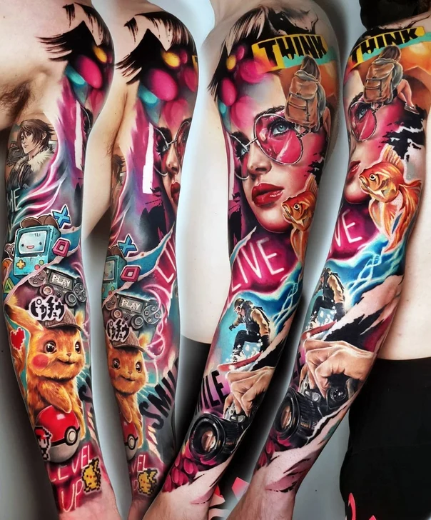 Illustrative Portrait, Pokemon tattoo on Full Sleeve