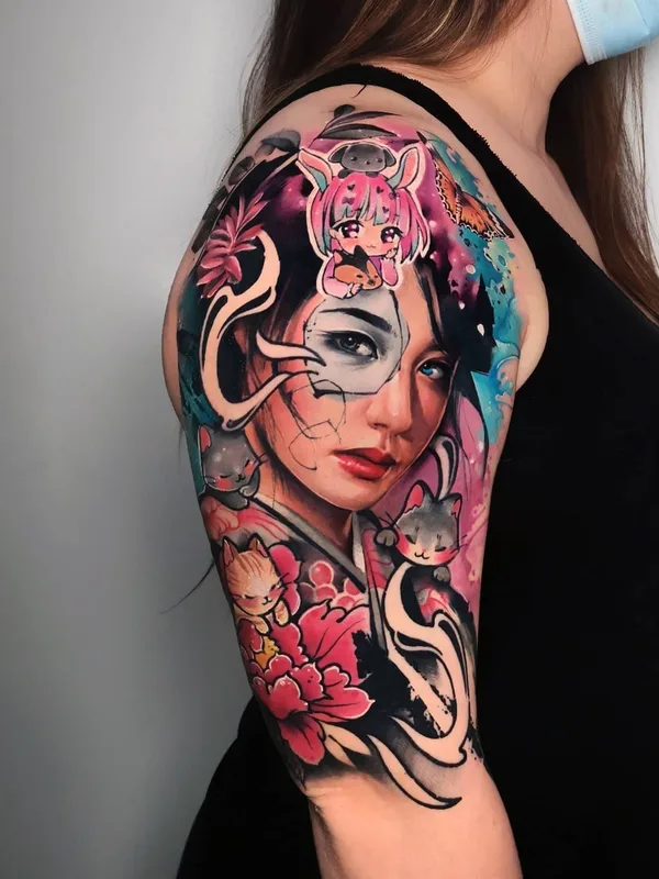 female color illustrative Tatuaggio su full sleeve #43030 | Tatuatore Carolina Caos Avalle
