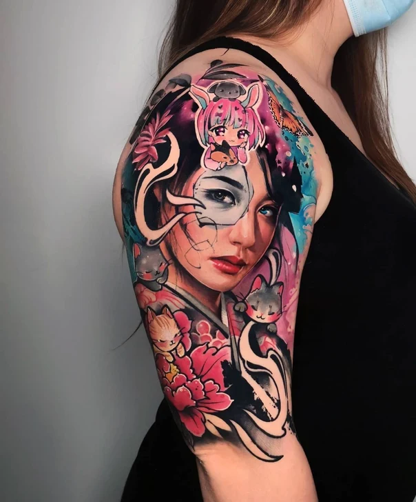 Illustrative Portrait, Cat tattoo on Full Sleeve