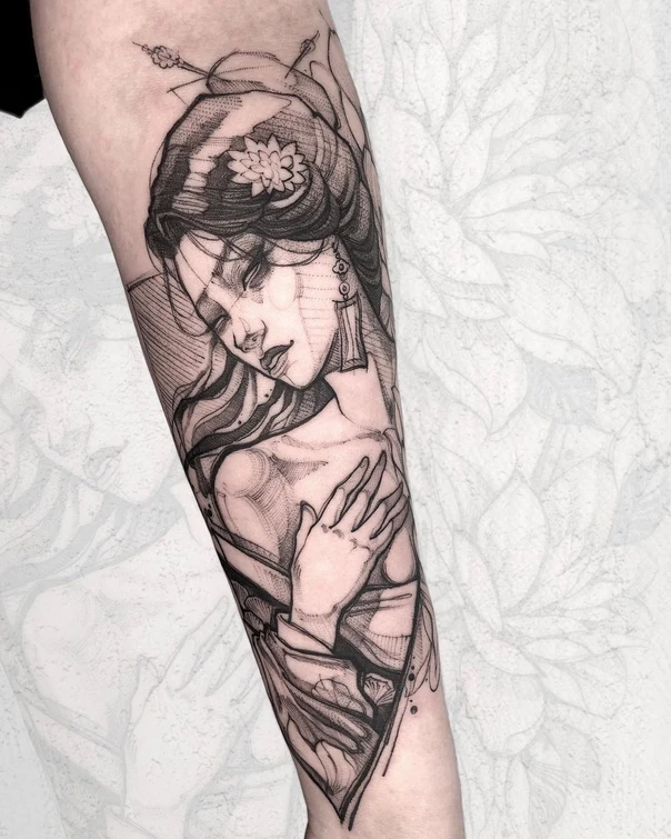 Скетч / Набросочная Woman, Flower tattoo на Предплечье