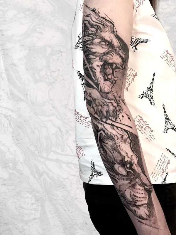 black and grey sketch tatuaje en full sleeve #43051 | Tatuador Виталий Яковлев