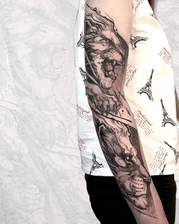 Скетч / Набросочная Lion tattoo на Полный рукав