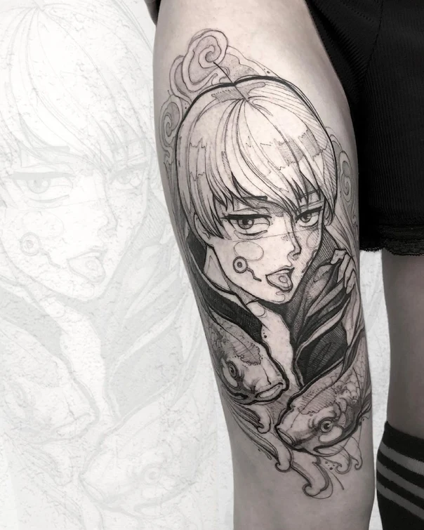 Аниме Anime character, Fish tattoo на Бедро