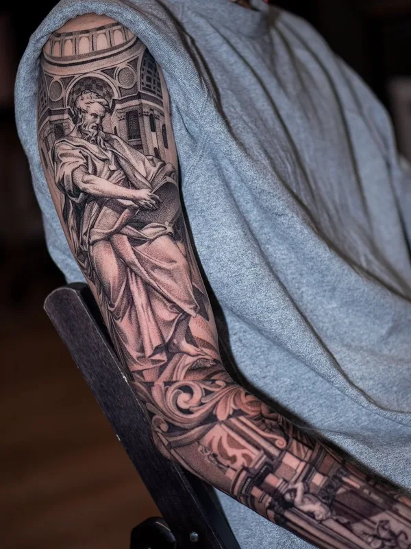 black and grey realism Tatuagem em full sleeve #43065 | Tatuador Евгений Мир