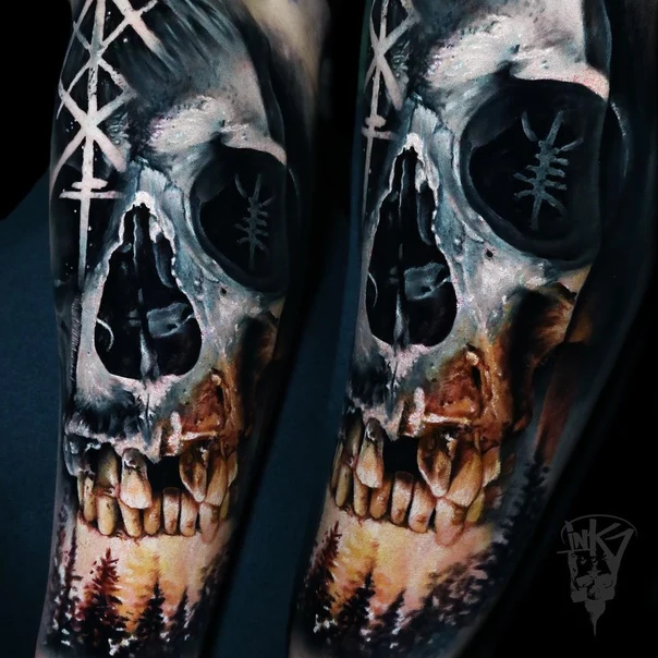 Realism Skull, Forest tattoo on Forearm