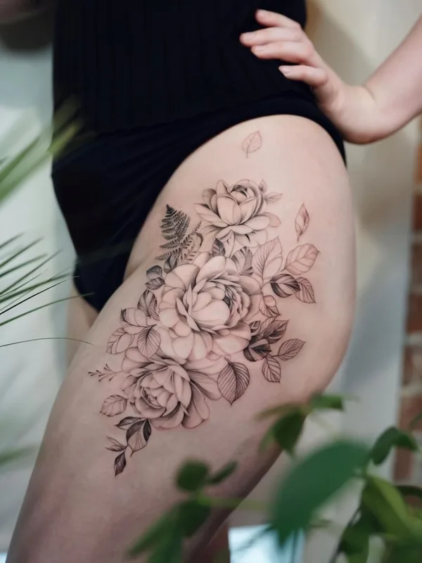 female black and grey fineline 纹身 在 thigh #43154 | 纹身师 Daira Pukite