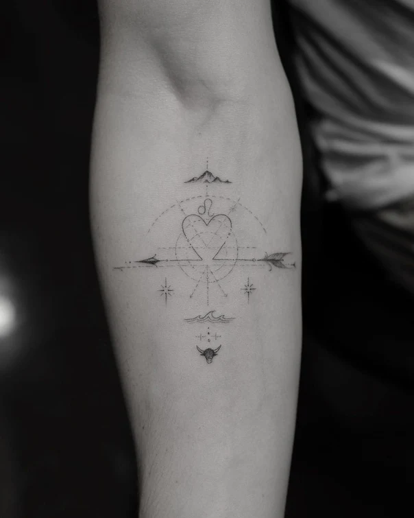 Fineline Compass, Heart tattoo on Forearm
