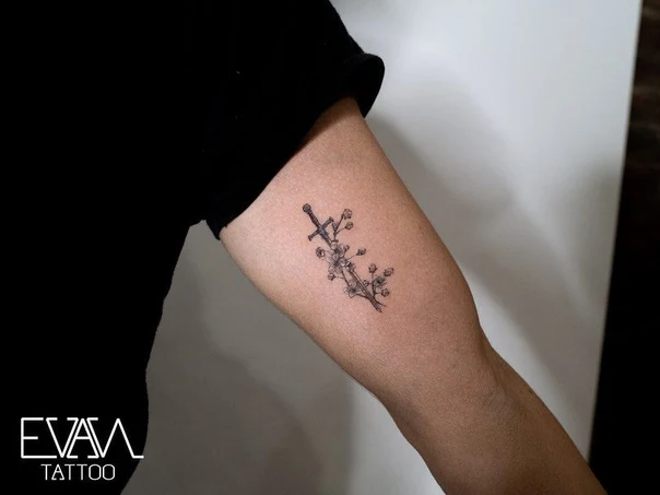 Fineline Sword, Flowers tattoo on Forearm